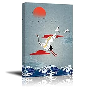 Canvas Wall Art Chinese Traditional Lucky Crane Painting Artwork for Home Prints Framed - 12x18 inches