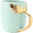 ZaH 15 oz Mermaid Mug Ceramic Coffee Mugs Big Cute Cups Cappuccino Teacup Birthday Bridal Shower Engagement Wedding Gifts Soup Mug for Men Women Kids Girls Boys (Gold Handle Blue Mermaid Tail)