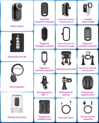 NNYYMH 4K Action Cam, Mini Body Cam with 64GB SD Card, Waterproof up to 30m, 180 Minutes Battery, 150° Wide Angle and 1.47 Inch Display, Vlog Camera