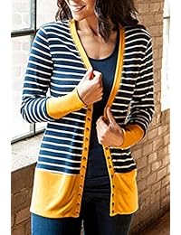 Faatoop - Chaqueta de punto para mujer, con botones, manga larga, cuello en V, parte delantera abierta, a rayas