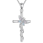 YAFEINI Cross Necklace 925 Sterling Silver Dragonfly Pendant Necklace Cross Jewelry Dragonfly Gifts for Women