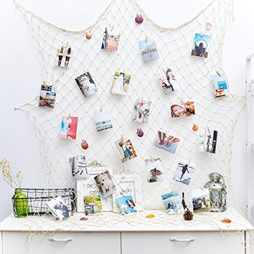 HAYATA â­ï¸Photo Hanging Display with 40 Clip Fishing Net Wall Decor - Picture Frames & Prints Multi Photos Organizer & Collage Artworks - Nautical Decorative Dorm Bedroom Christmas Decorations