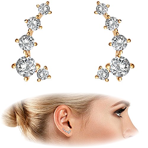 PAVOI 14K Gold Plated 925 Sterling Silver Post Cubic Zirconia Ear Crawler Earrings - Climber Earrings for Women (Full, 14K Yellow Plated)