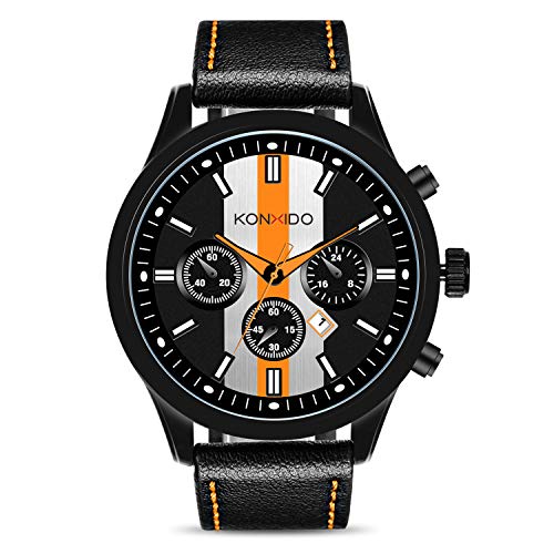 KONXIDO Mens Sports Watches Military Waterproof Big Face Analog Leather Band Wrist Watch Orange
