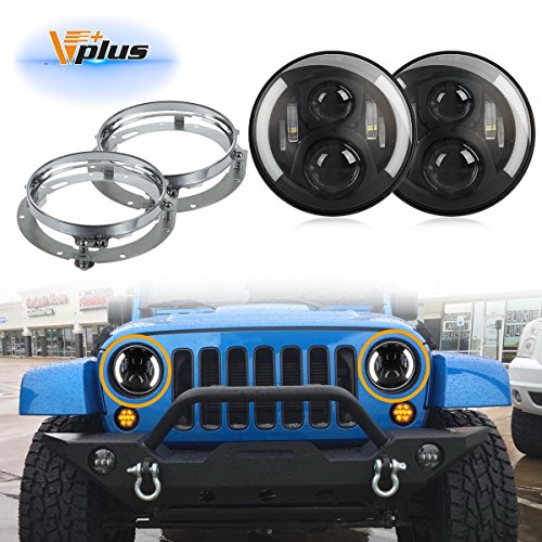 (4 Pcs) Vplus 7" Round LED Headlights With Halo Angel Eye White DRL Amber Turn Signals + 7 Inch Headlight Mounting Brackets Rings for Jeep Wrangler Jk Tj Lj Cj Rubicon Hummer H1 H2 H6015 H6016