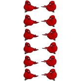 12PCS Artificial Christmas Cardinals Clip on Christmas Tree Ornaments Mini Simulation Red Flocking Birds for Xmas Tree Wreath Craft,Wedding,Gardening
