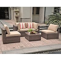 SUNSITT Patio Furniture Set 5 Piece Outdoor Furniture, PE Rattan Wicker Sectional Sofa with Beige Seat & Back Cushions, Brown