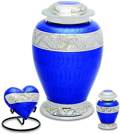 UrnsDirect2U Berkshire Silver Blue Cremation Sets Consist Adult Sized Token urn, and one Each Keepsake Heart with Display Stand. All Items are Made of Brass