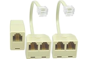 NECABLES 2+1Pack 2pcs Phone Line Splitter 1 to 2 RJ11 6P4C 1 Male to 2 Females with 5in Pigtail and 1pc Phone Line Coupler for Landline and Fax Ivory
