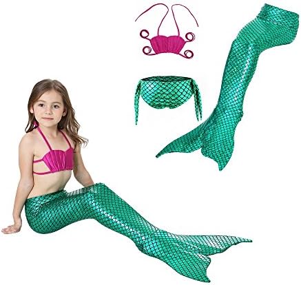 SIXONE 3PCS Girls Swimsuit Princess Mermaid Tail Beach Swimwear Set for Kids Colorful with Hair Clip , Peacock Green