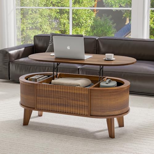 LYNCOHOME Fluted Lift Top Coffee Table with Hidden Compartment, Modern Oval Coffee Table for Living Room, Home Office, Walnut