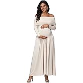 JustVH Maternity Long Sleeve Off Shoulder Baby Shower Dress Party Mesh Paneled Split Maxi Photography Gown for Photoshoot