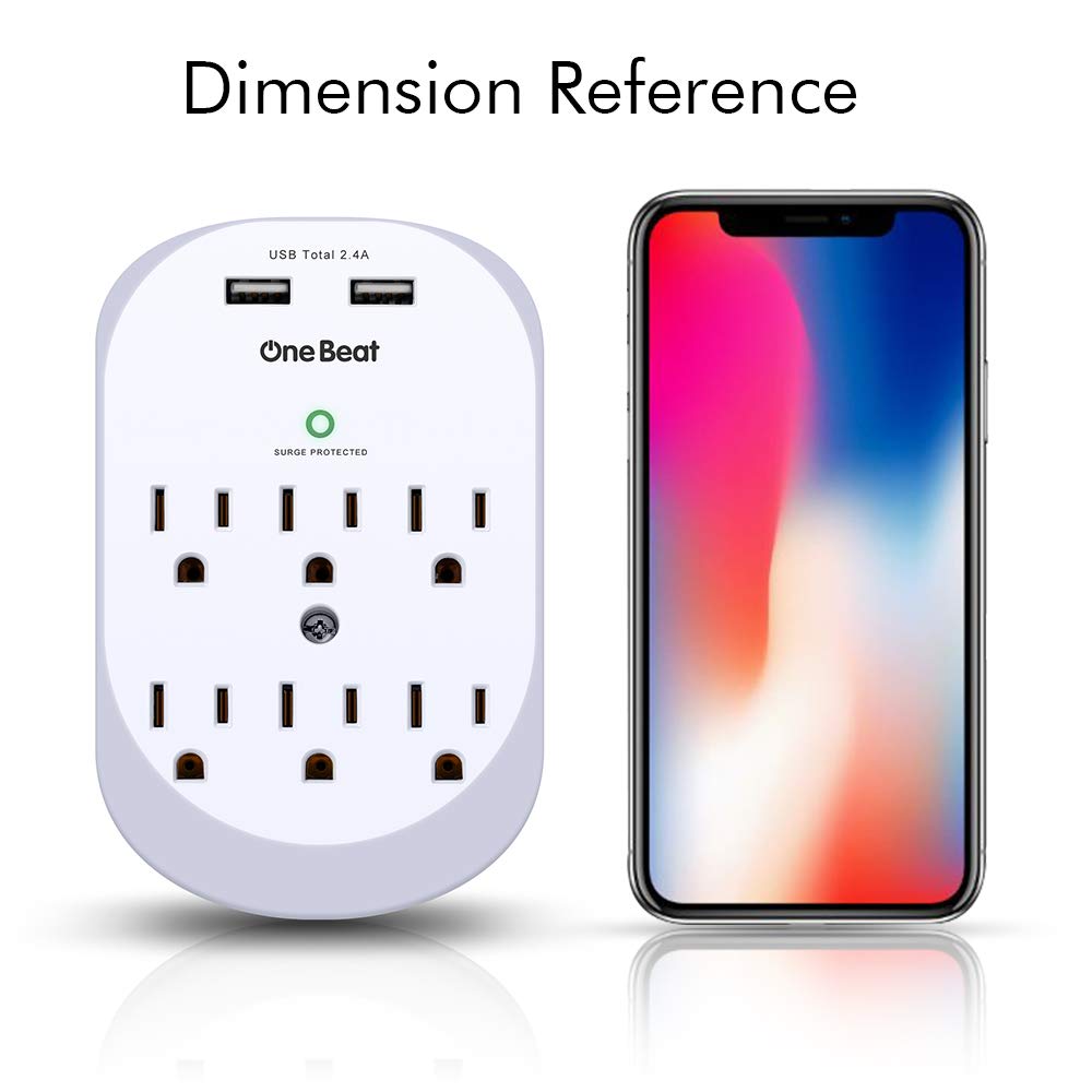 6 Outlet Surge Protector, One Beat Multi Outlet Wall Mount Adapter with 2 USB Charging Ports 2.4 A, 490 Joules, ETL Certified-White