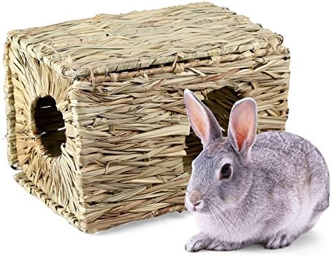 ZIMOO Natural Grass House Pet Bed Hideaway Toy, Hand Woven For Rabbit Guinea Pig Chinchilla Ferret