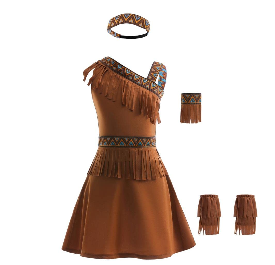 Lito Angels Princess Pocahontas Costume Fancy Dress Up Set with Headband and Accessories for Kids Girls Age 11-12 Years, Brown