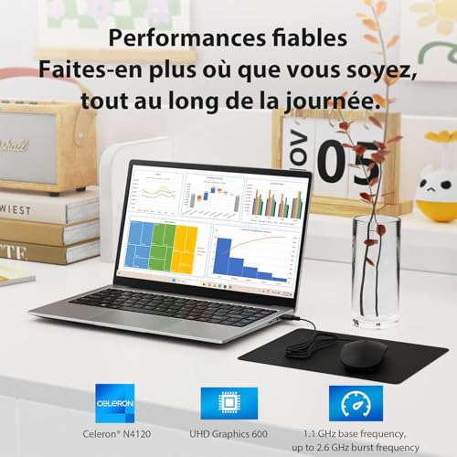 14 inch Laptop, 16GB DDR4 RAM 256GB SSD Win11 Laptop PC, Celeron N4120, 1920x1080 FHD IPS, 5G WiFi/Mini HDMI/USB/BT, Support Extension 1TB, Includes Mouse/Mouse Pad/AZERTY Film
