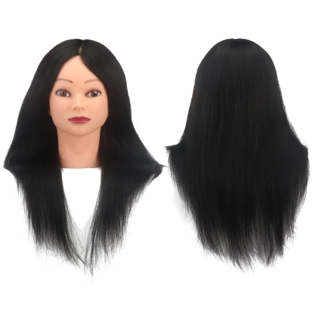 18 Inch 100% Human Hair, Brown and Black, Two Hair Colours, Barber's Sport Head Model with Long Hair Styling (black hair)