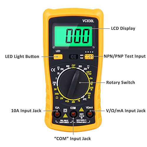 Digital Multimeter, Amoner Auto-ranging Electronic Amp Volt Ohm Voltage Meter Multimeter with Diode,AC Current,Transistors,Temperature,Resistance Test Tester and Emerald-green Backlit LCD Display