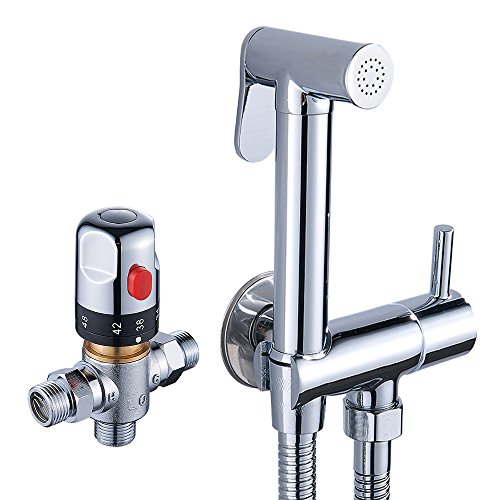 Fannybuy Thermostatic Cloth Diaper Kit Toilet Handheld Bidet Sprayer Set With Hot and Cold Mixing Valve Shattaf Chrome Scald Prevention(Thermostatic)