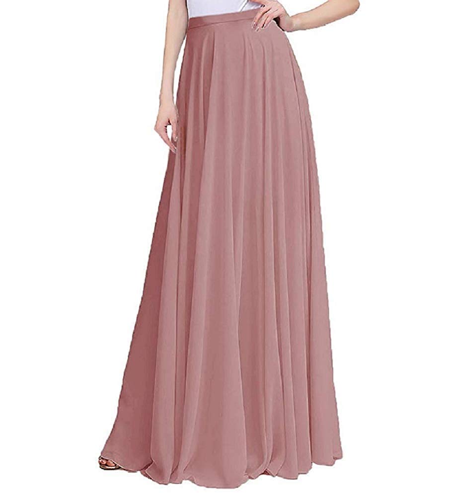 Photo 1 of AiberLisha Long Maxi Floor Lengh Chiffon Skirt Elastic High Waist Bridesmaid Skirt Dusty Pink S-M