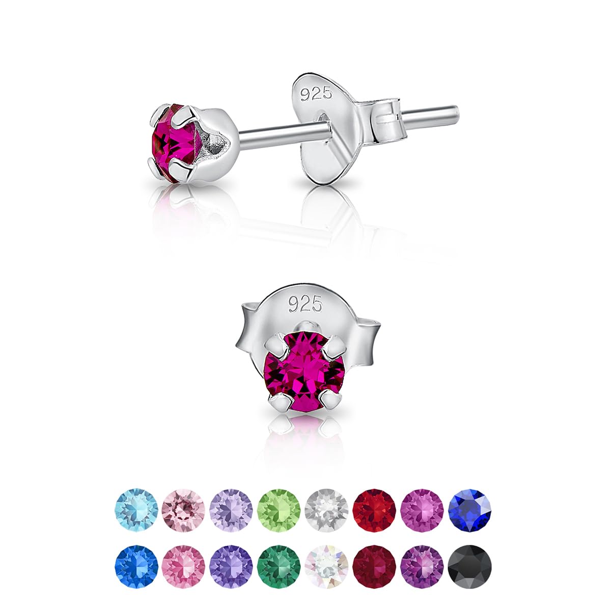 925 Sterling Silver Round Tiny Stud Earrings made with Glittering Crystals - Small Silver Studs Earrings for Woman - Diameter: 3 mm - Colour : Fuchsia
