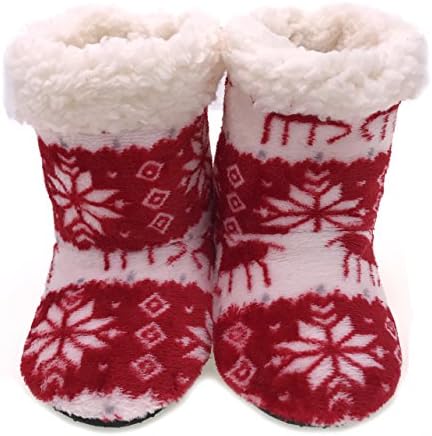 MOGGEI Warm Christmas Deer Fuzzy Winter Home House Slipper Shoes For Kids Girls Boys (Red,1-3 Y Kids)
