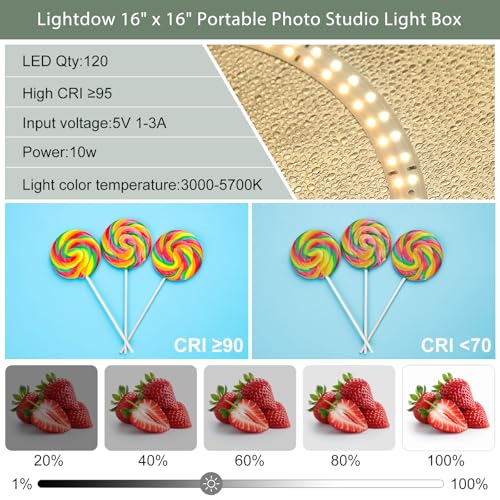 Lightdow Light Box Photography, 40CM/16"x16" Portable Photo Box Booth with 120 LED Lights Dimmable & 6 Backdrops, Mini Shooting Tent Kit for Small Product, Jewelry