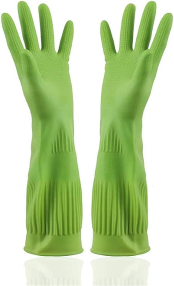 Household Rubber Cleaning Long Glove Reusable Thickening Dishwashing Gloves for Kitchen Cleaning 2-Pairs and 2 Cleaning Clothes (Green, Medium)