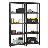 VonHaus 5 Tier Garage Shelving Unit with Wall Brackets (Pack of 2) - Black Plastic Interlocking Utility Storage Shelves - Each Unit: 68 x 24 x 12 inches