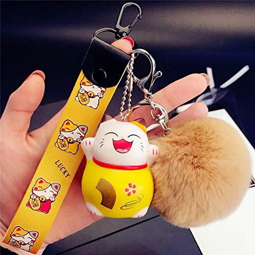 LinaLife Superstar Favorite Multi-Purpose Hand Wrist Strap with Fur Ball Maneki Neko Fortune Lucky Beckoning Cat Lucy Keychain Key Chains Toy Gift Accessories Fashion Ornaments Coin Purse Keyring Bag - Thumbnail 3
