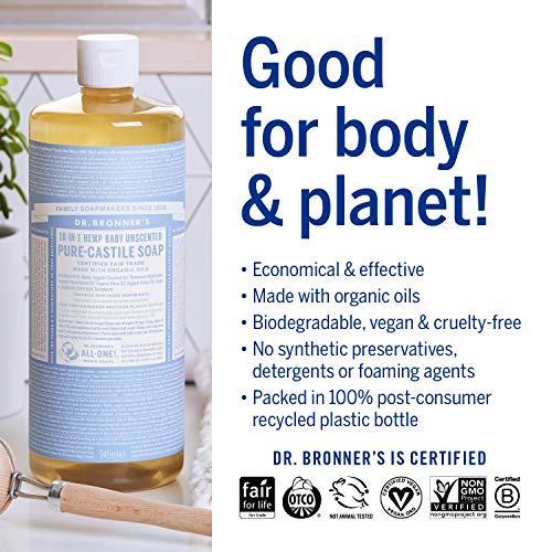 Dr. Bronner's - Pure-Castile Liquid Soap (Baby Unscented, 32 ounce) - Made with Organic Oils, 18-in-1 Uses: Face, Hair… - Image 2