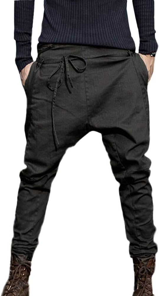Creazrise Men Drop Crotch Funnel Pockets Drawstring Harem Pants Casual Drawstring Sweatpants