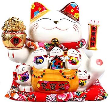 Chinese Feng Shui White Lucky Waving Cat Figure With Moving Arm Maneki Neko Waving Fortune Cat L34*W23*H29cm, 2