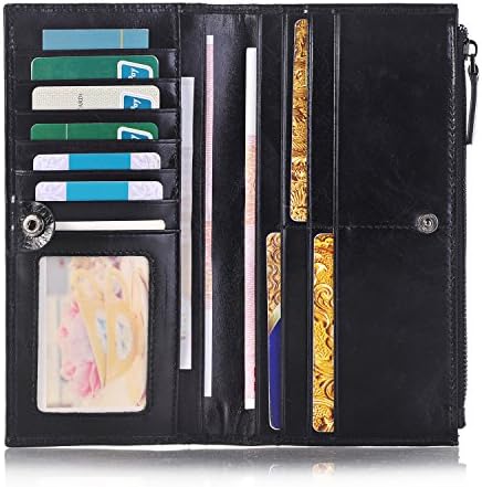 Soft Italian Genuine Leather Wallet Large Capacity Card Holder Bifold Long Slim Wallets With ID Window for Men Women (16068-1 Black)