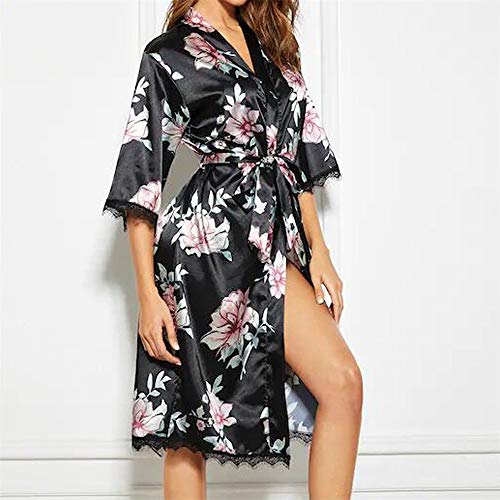 CofeeMO Women's Floral Print Kimono Silk Satin Pajamas,Fashion Lace Half Sleeve Ladies Long Sleepwear(Black,M)