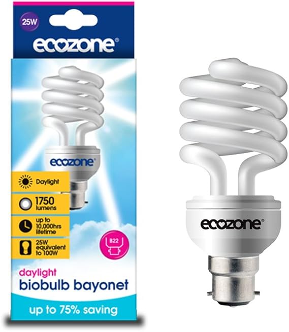 Ecozone Biobulb BB15 Energysaving Daylight Bulb, Cap B22, 25W