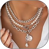 Gold Pearl Stackable Statement Necklace Chunky Layered Chain Coin Pendant Necklace for Women Pearl Ball Beaded OT Clasp Choker Trendy Jewelry