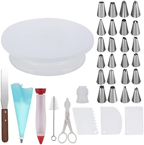 Cake Decorating Tools, Ebraz 34pcs with 1Cake Turntable,1 Icing Spatula, 24 Stainless Icing Tips,1 Pastry Bags,1 Cake Brush,1 Cake Cutter, 1 Cake Pen, 3 Cake Scraper