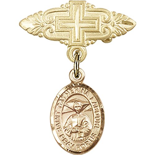 14kt Yellow Gold Baby Badge with St. Catherine Laboure Charm and Badge Pin with Cross 1 X 3/4 inches