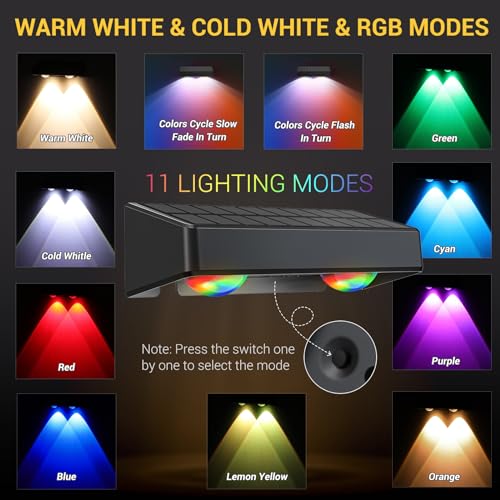 Quntis Luces Solares Exterior 8 Paquetes, RGBW con 11 Modos Intermitentes Apliques de Exterior, Lampara de Pared Ip65 Impermeable, Automatic On/Off Luz Solar para Vallas Patio Porche Jardin Pasillos