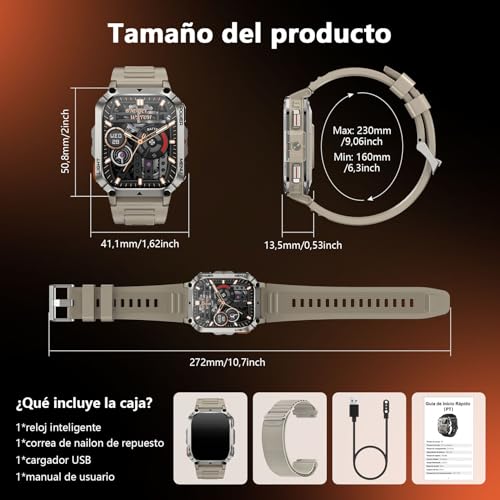 Blackview Reloj Inteligente Hombre Militar - Linterna y Brújula, 2.01"Smartwatch Hombre con 100+ Modos Deportivos, Llamadas Bluetooth/Notificación, Pulsómetro/Oxímetro/Sueño, Pulsera Actividad, Caqui