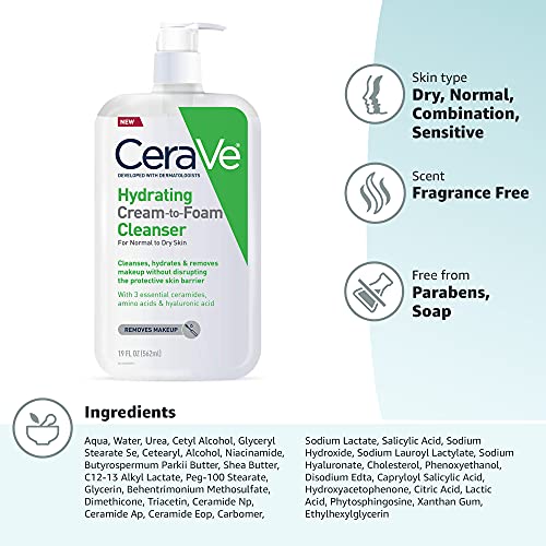 CERAVE HYDRATING CREAM TO FOAM CLEANSER, MAKEUP REMOVER FACE WASH FOR DRY SKIN, FOAMING FACIAL CLEANSER WITH HYALURONIC ACID, NORMAL TO DRY SKIN, FRAGRANCE FREE & NON COMEDOGENIC, 19 FLUID OUNCE