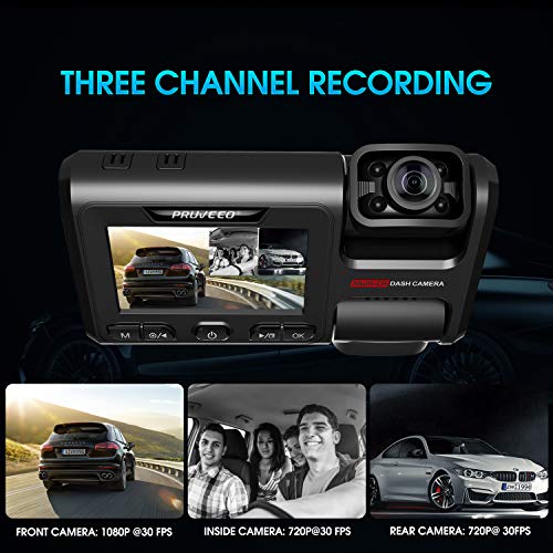 Pruveeo D40 Three and Dual Channel Dash Cam, Front Inside and Rear with