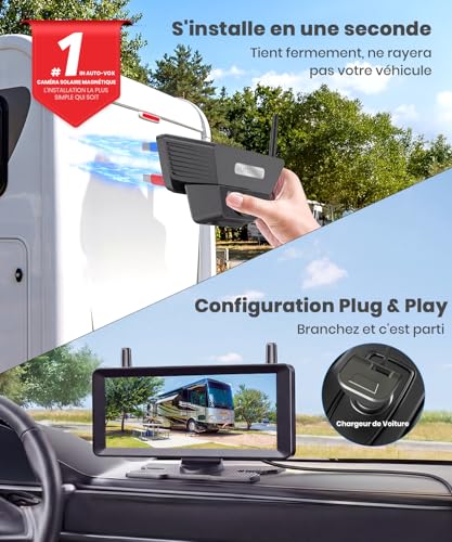 AUTO-VOX 【Wireless Solar Backup Camera】1 min installation, includes special storage bag for car rear view camera, suitable for truck, trailer, van, camper, 7.2 inch and