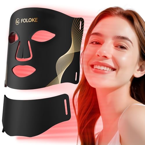 FOLOKE LED Face Mask - LED Light Therapy Mask for Face Care, 7-Colour Light Waves, Red Light Mask for Face and Neck, Red - 5 Brightness Levels, Red Light Mask for Home