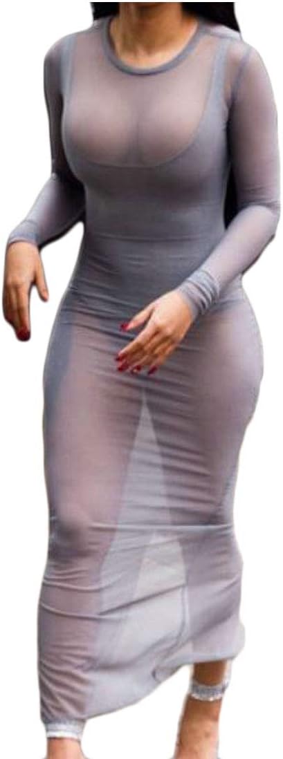 CRYYU Women Basic Stretch Sexy Clubwear Sheer Bodycon Perspective Maxi Dresses