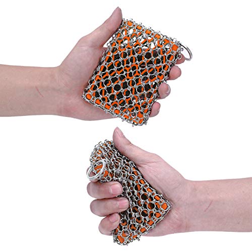 Cast Iron Skillet Cleaner Brush,Premium 316L Stainless Steel Chainmail Cleaning Scrubber Set with Silicone Insert,Kitchen Brush for Sink,Pot, Pan, Pre-Seasoned Pan,Dutch Ovens Waffle Pans Scraper