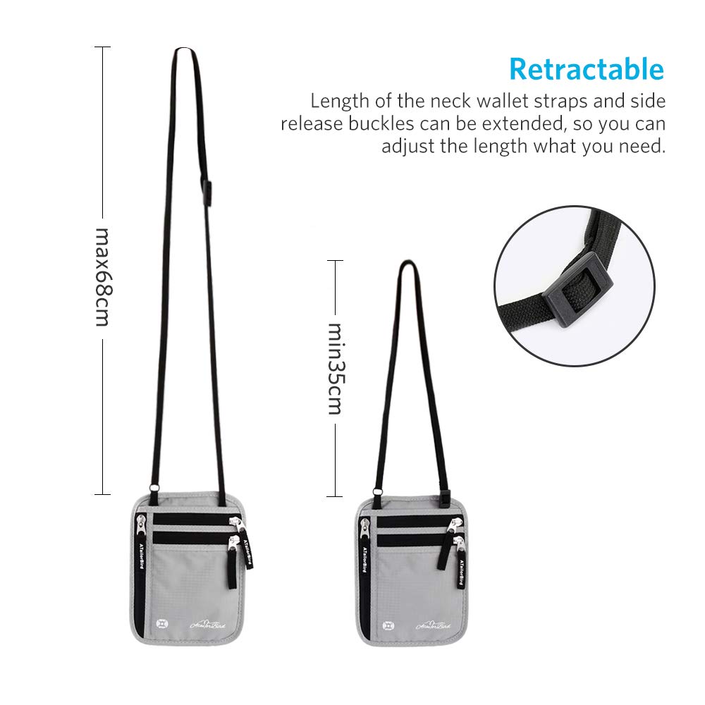 Portadocumentos para Viaje Correa Ajustable de Cuello ATailorBird Antirobo Protección RIFD Impermeable Bolsillo Posterior Protege Móvil, Pasaporte, Tarjeta de Crédito, Dinero en Efectivo, Llaves-Gris