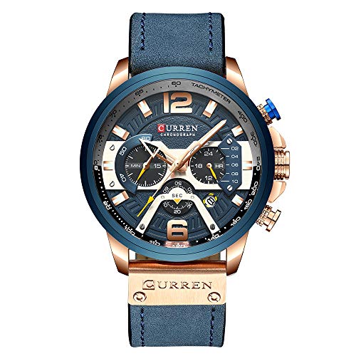 Menâ€™s Sport Chronograph Wristwatch Military Casual Waterproof Blue Leather Watch for Men with Date Display â€¦