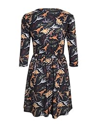 Vestido skater de jersey de cintura alta con manga 3 4 de LaVieLente con diseño de cintura elástica en patrones de dinosaurio   búho